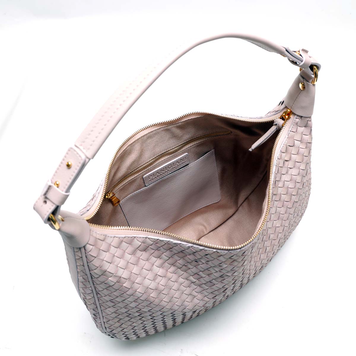 Alba, borsa da donna a spalla in pelle intrecciata beige, prodotta da Pianigiani.