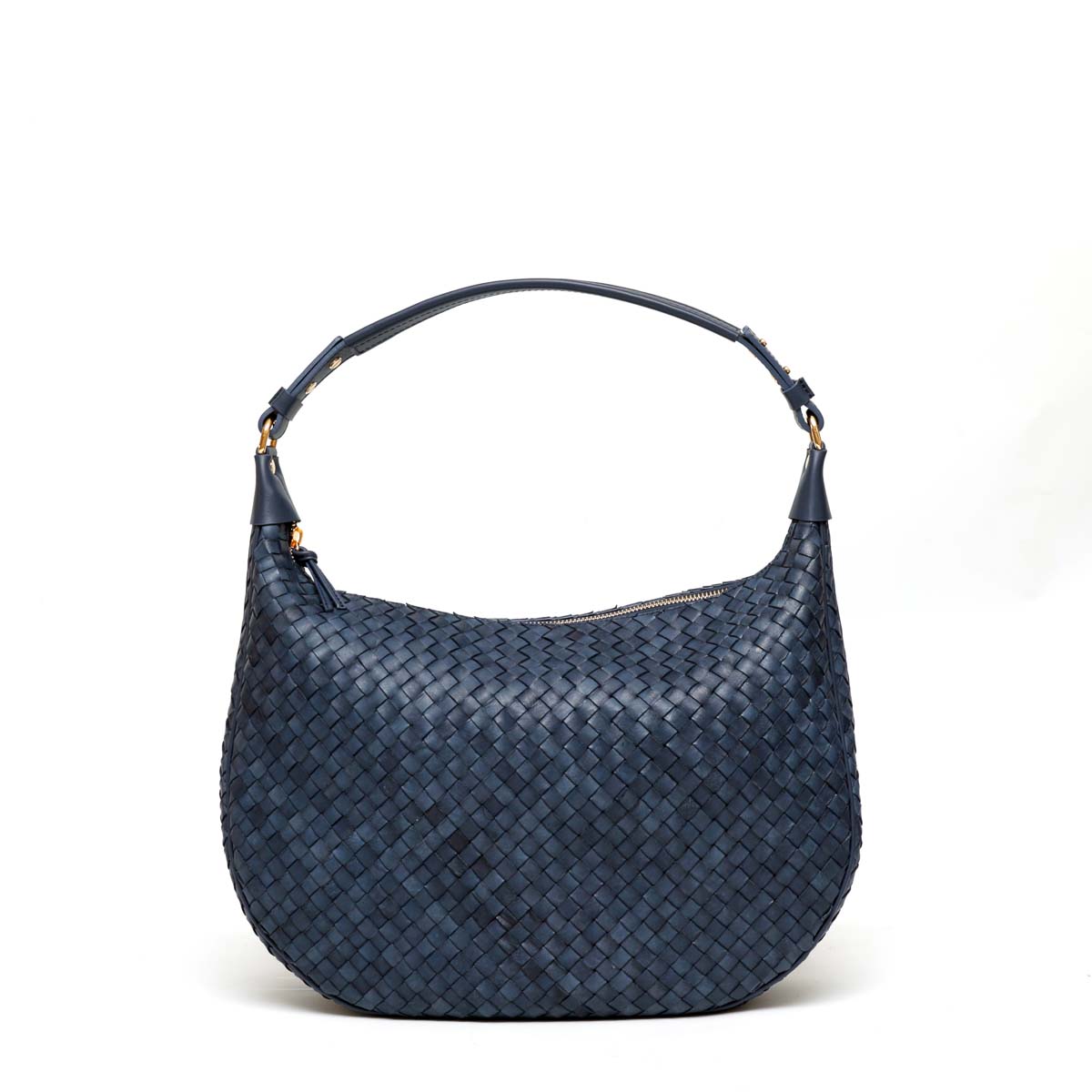 Alba, borsa da donna a spalla in pelle intrecciata blu, prodotta da Pianigiani.