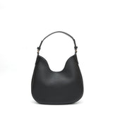 Cloe piccola, borsa da spalla in morbida pelle martellata nera, design a sacca con accessori metallici color oro, firmata Pianigiani Bags.