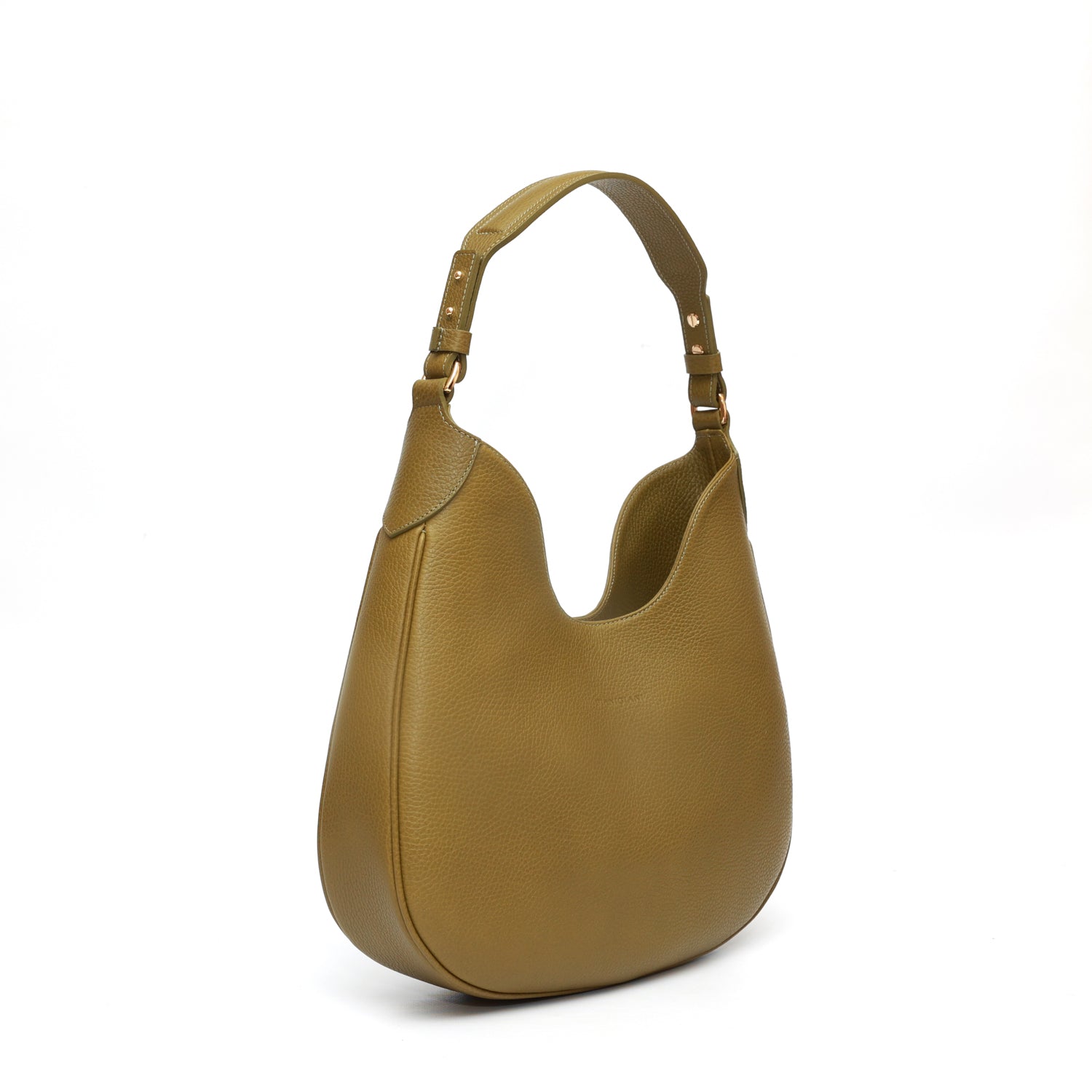 Cloe piccola, borsa da spalla in morbida pelle martellata verde, design a sacca con accessori metallici color oro,firmata Pianigiani Bags