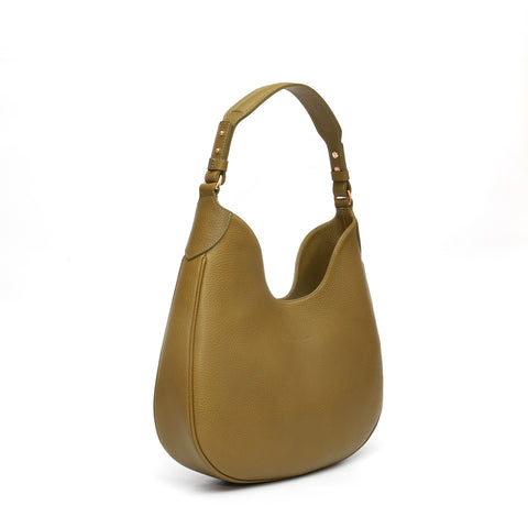 Cloe piccola, borsa da spalla in morbida pelle martellata verde, design a sacca con accessori metallici color oro,firmata Pianigiani Bags