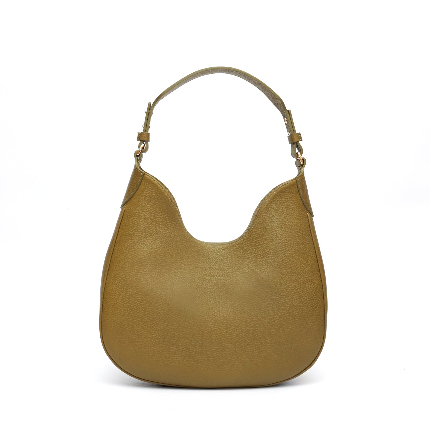 Cloe piccola, borsa da spalla in morbida pelle martellata verde, design a sacca con accessori metallici color oro,firmata Pianigiani Bags