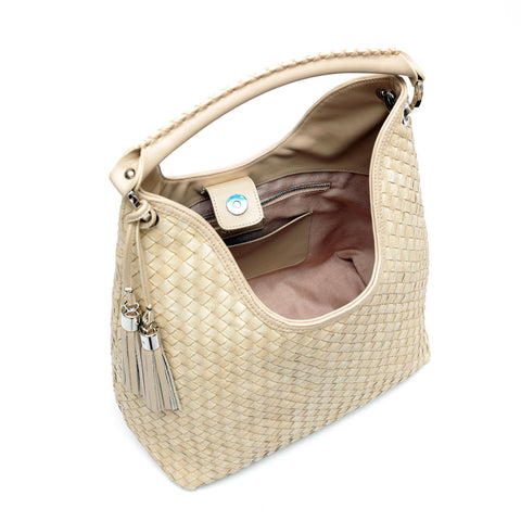 Emily bag, borsa da donna in pelle intrecciata beige, made in Italy è realizzata e distribuita da Pianigiani.