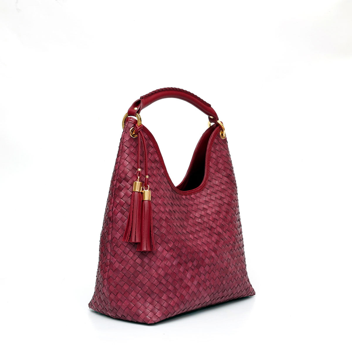 Emily bag, borsa da donna in pelle intrecciata bordeaux, made in Italy è realizzata e distribuita da Pianigiani.