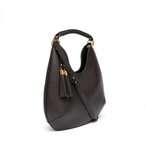 Lou bag, borsa in pelle martellata da donna con tracolla removibile, modello a spalla, colore marrone testa di moro, prodotta da Pianigiani