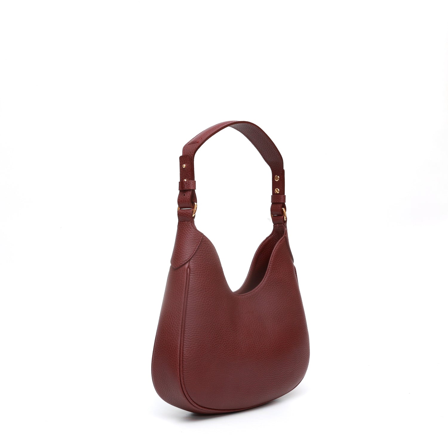 Mini Cloe, borsa da spalla in morbida pelle martellata mosto, design a sacca con accessori metallici color oro,firmata Pianigiani Bags
