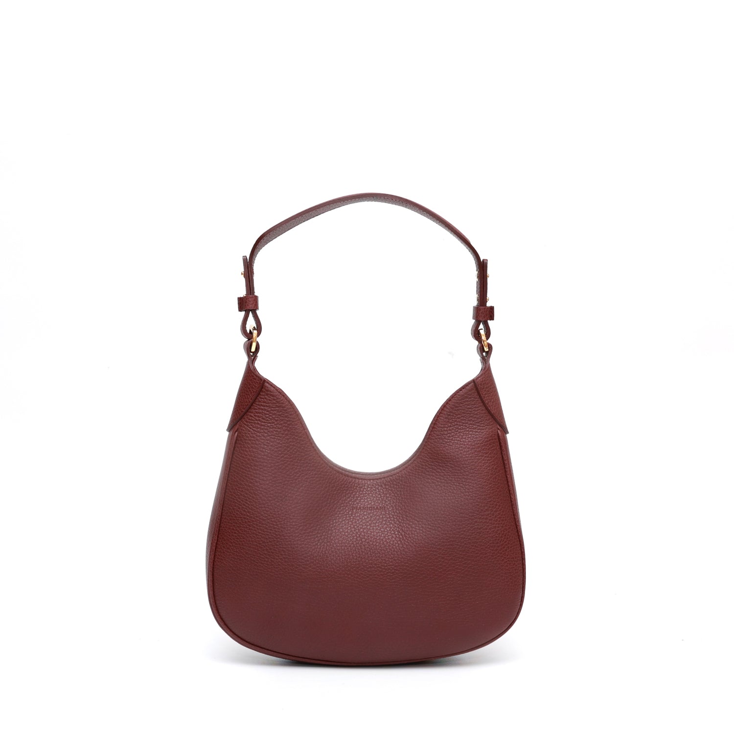 Mini Cloe, borsa da spalla in morbida pelle martellata mosto, design a sacca con accessori metallici color oro,firmata Pianigiani Bags