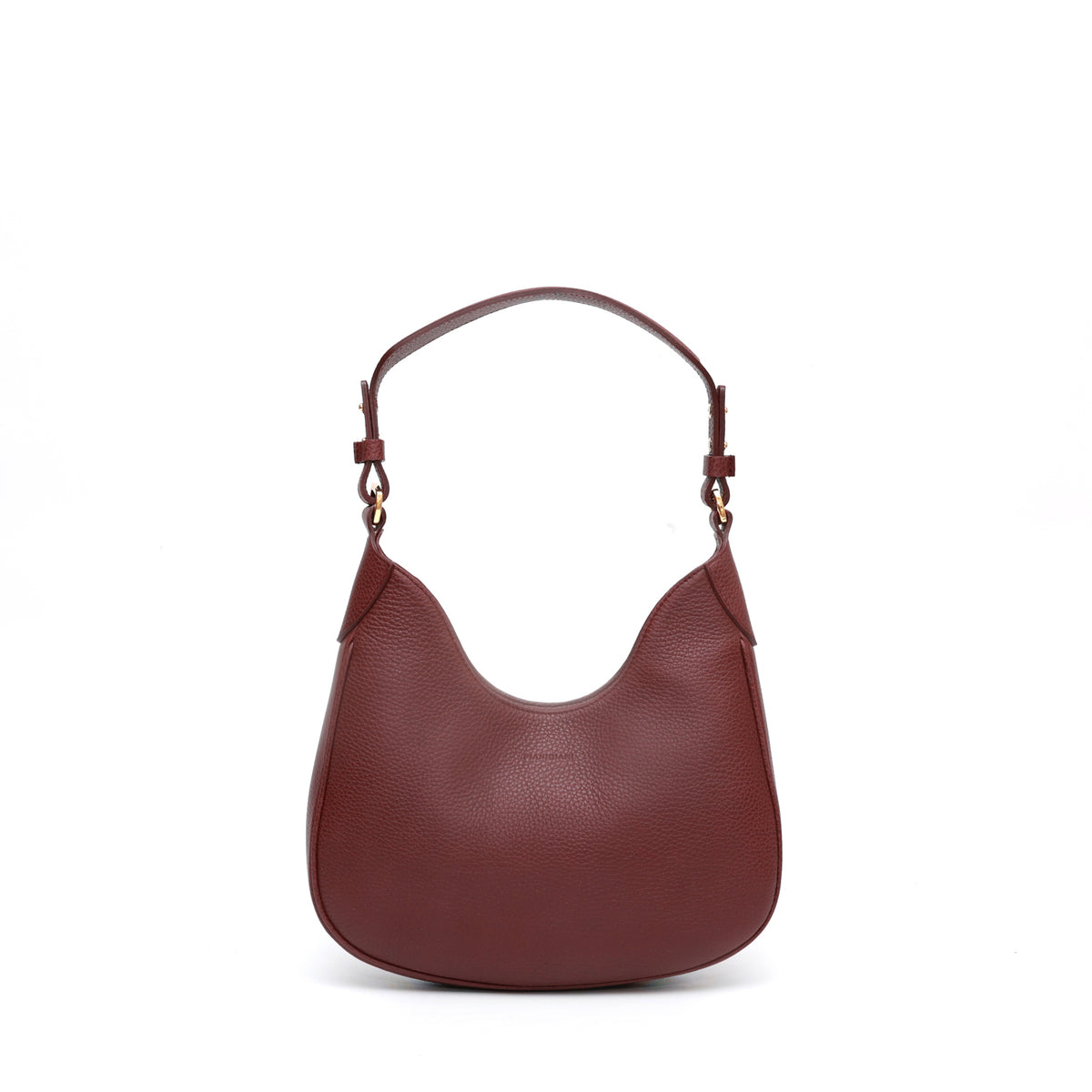 Mini Cloe, borsa da spalla in morbida pelle martellata mosto, design a sacca con accessori metallici color oro,firmata Pianigiani Bags