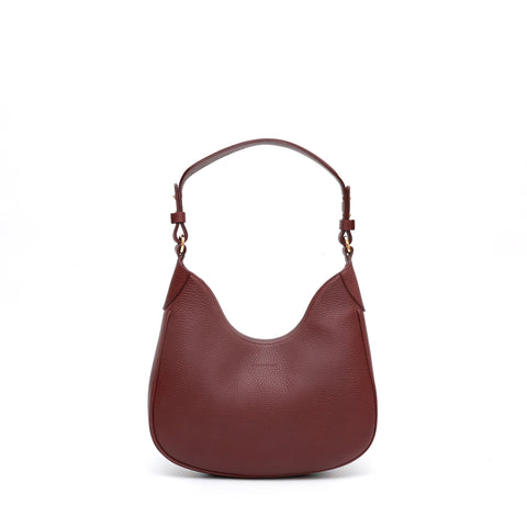 Mini Cloe, borsa da spalla in morbida pelle martellata mosto, design a sacca con accessori metallici color oro,firmata Pianigiani Bags