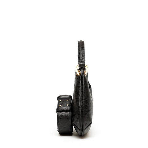 Mini Lou, borsa da donna in pelle martellata nera con tracolla, misure larghezza cm 23, altezza cm 19, profondità cm 6, prodotta da Pianigiani