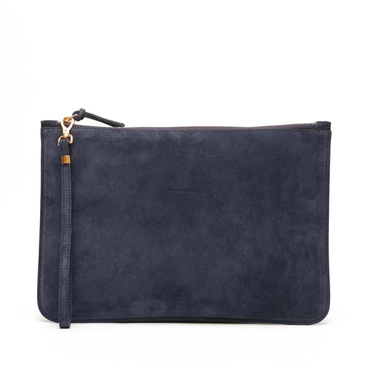 Rose, borsa modello bustina con polsino in pelle scamosciata blu, prodotta da Pianigiani.