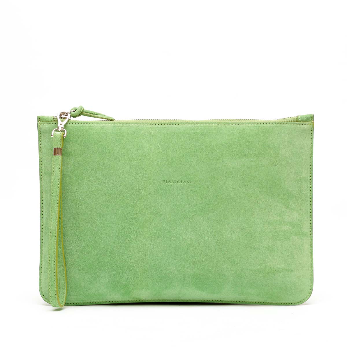 Rose, borsa modello bustina con polsino in pelle scamosciata verde, prodotta da Pianigiani.