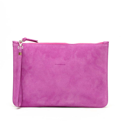 Rose, borsa modello bustina con polsino in pelle scamosciata viola, prodotta da Pianigiani.