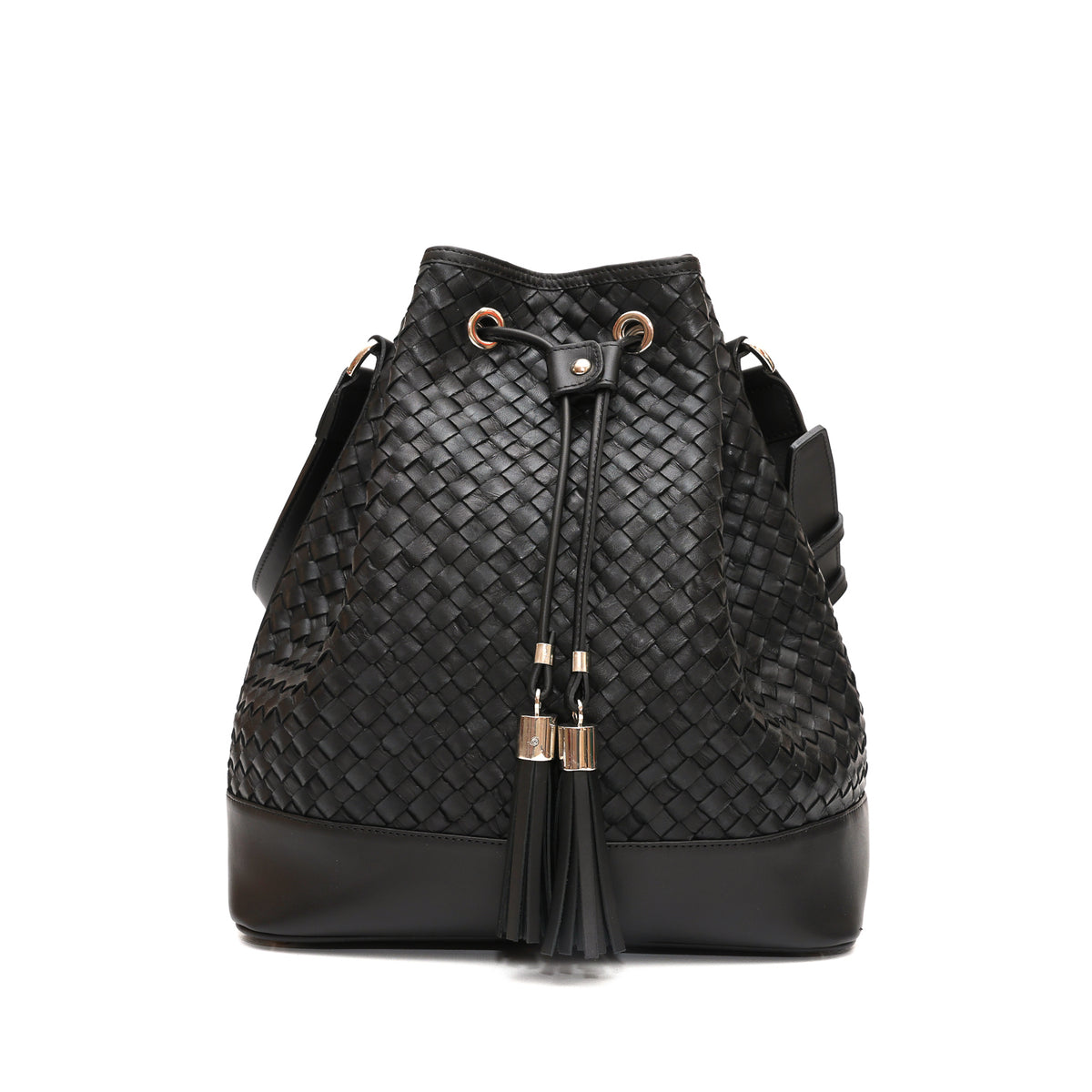 Secchiello Sofia borsa a spalla da donna in pelle intrecciata nera, realizzata e venduta da Pianigiani Bags