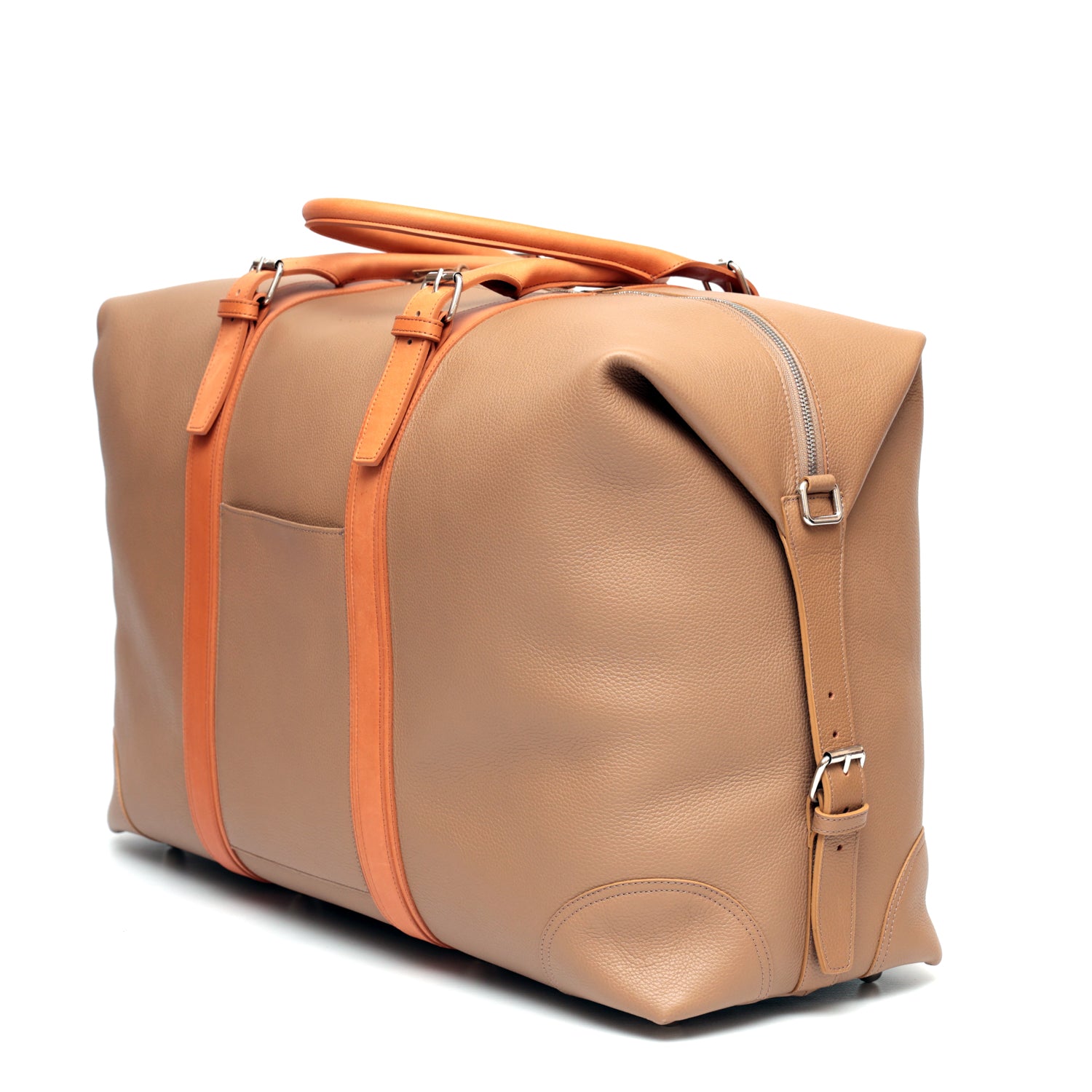 Borsa grande da viaggio in pelle taupe e cuoio naturale, prodotta da Pianigiani bags
