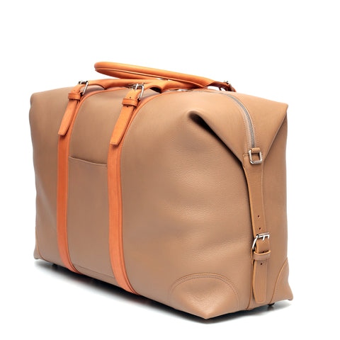 Borsa grande da viaggio in pelle taupe e cuoio naturale, prodotta da Pianigiani bags