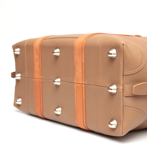 Borsa grande da viaggio in pelle taupe e cuoio naturale, prodotta da Pianigiani bags