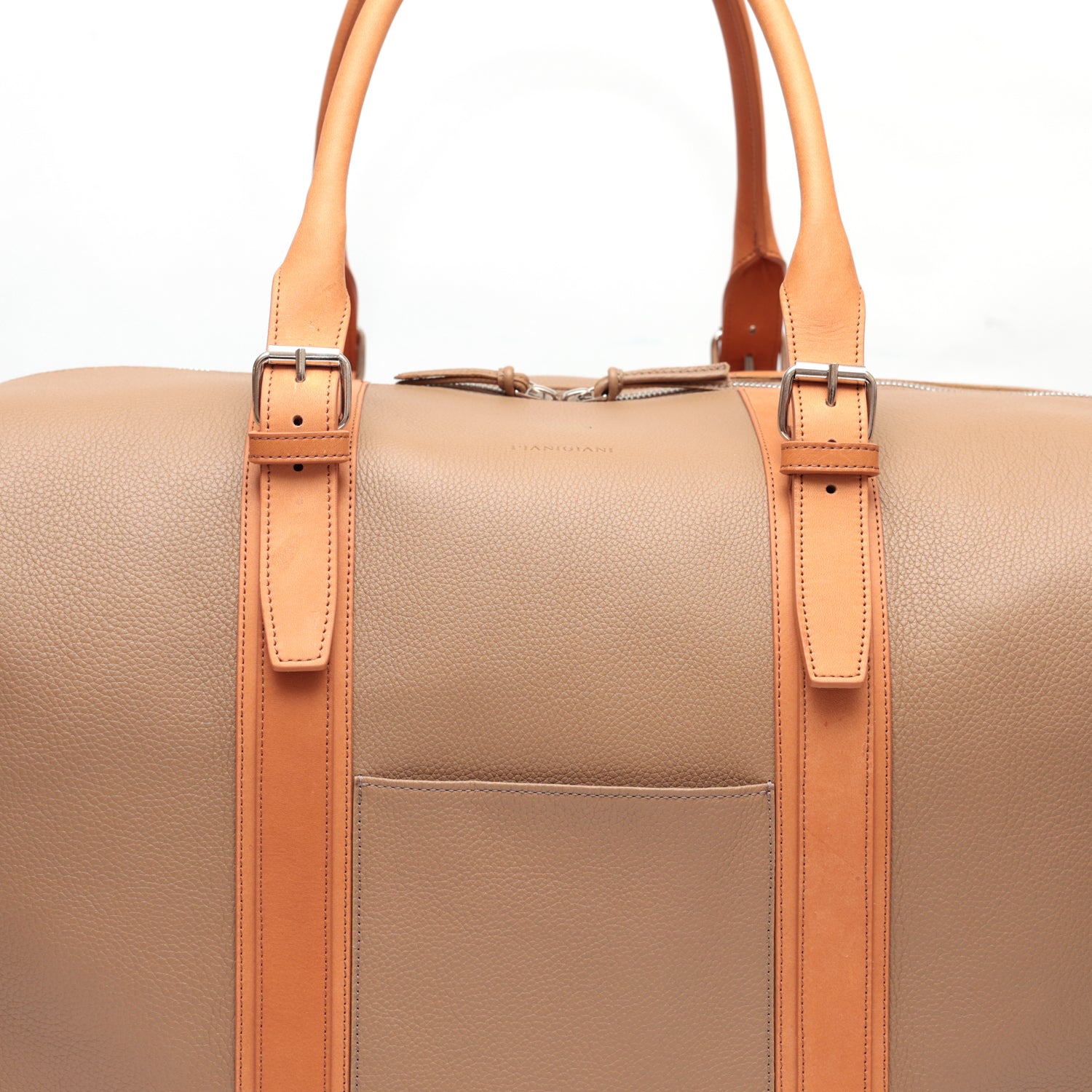 Borsa grande da viaggio in pelle taupe e cuoio naturale, prodotta da Pianigiani bags