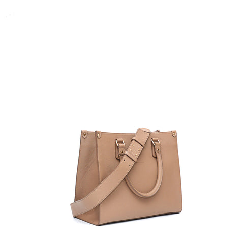 Lady S, borsa da donna con tracolla in pelle taupe, prodotta da Pianigiani Bags