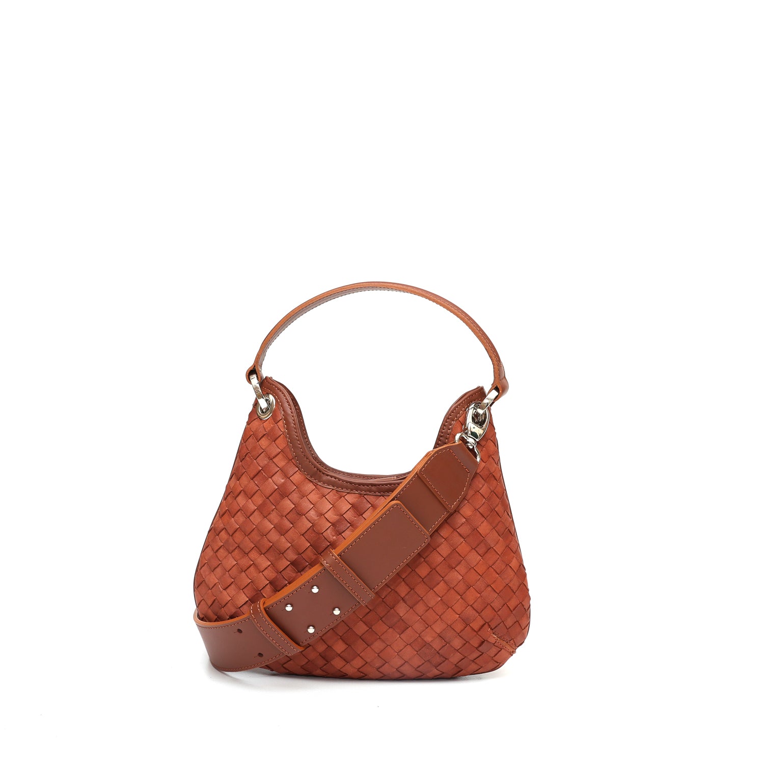 Mini Lou, borsa a mano in pelle intrecciata marrone, prodotta e venduta da Pianigiani handmade leather bags.