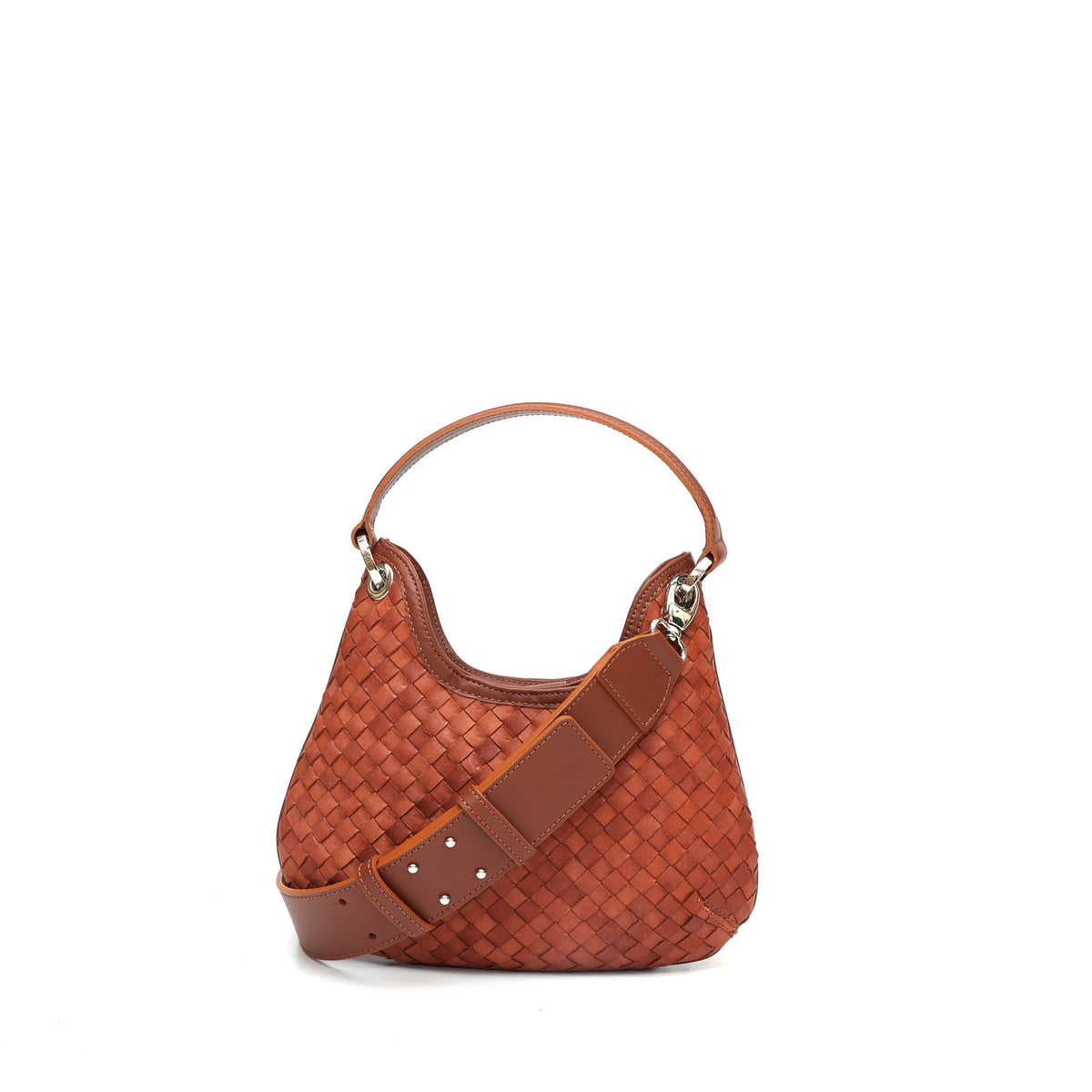 Mini Lou, borsa a mano in pelle intrecciata marrone, prodotta e venduta da Pianigiani handmade leather bags.