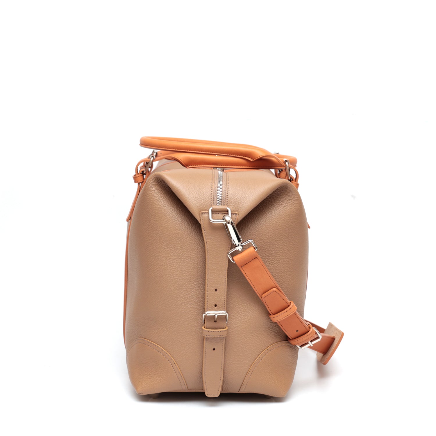 Borsa piccola da viaggio in pelle taupe e cuoio naturale, prodotta da Pianigiani bags
