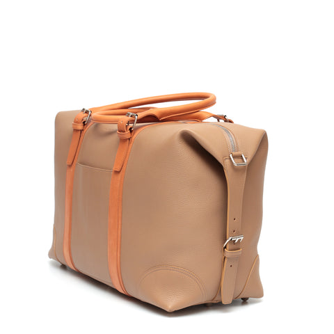 Borsa piccola da viaggio in pelle taupe e cuoio naturale, prodotta da Pianigiani bags
