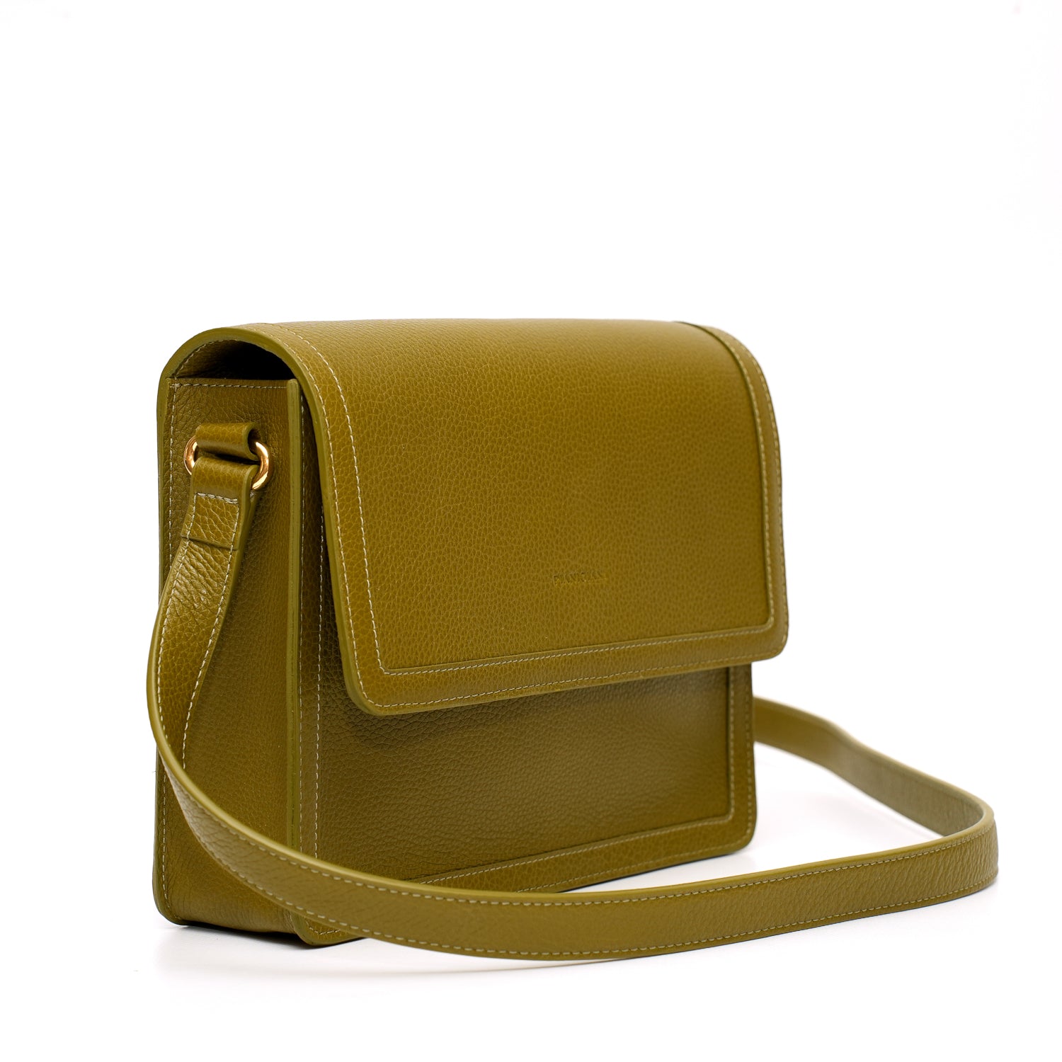 Cara bag grande, borsa da donna a tracolla in pelle martellata verde oliva, prodotta da Pianigiani Bags.