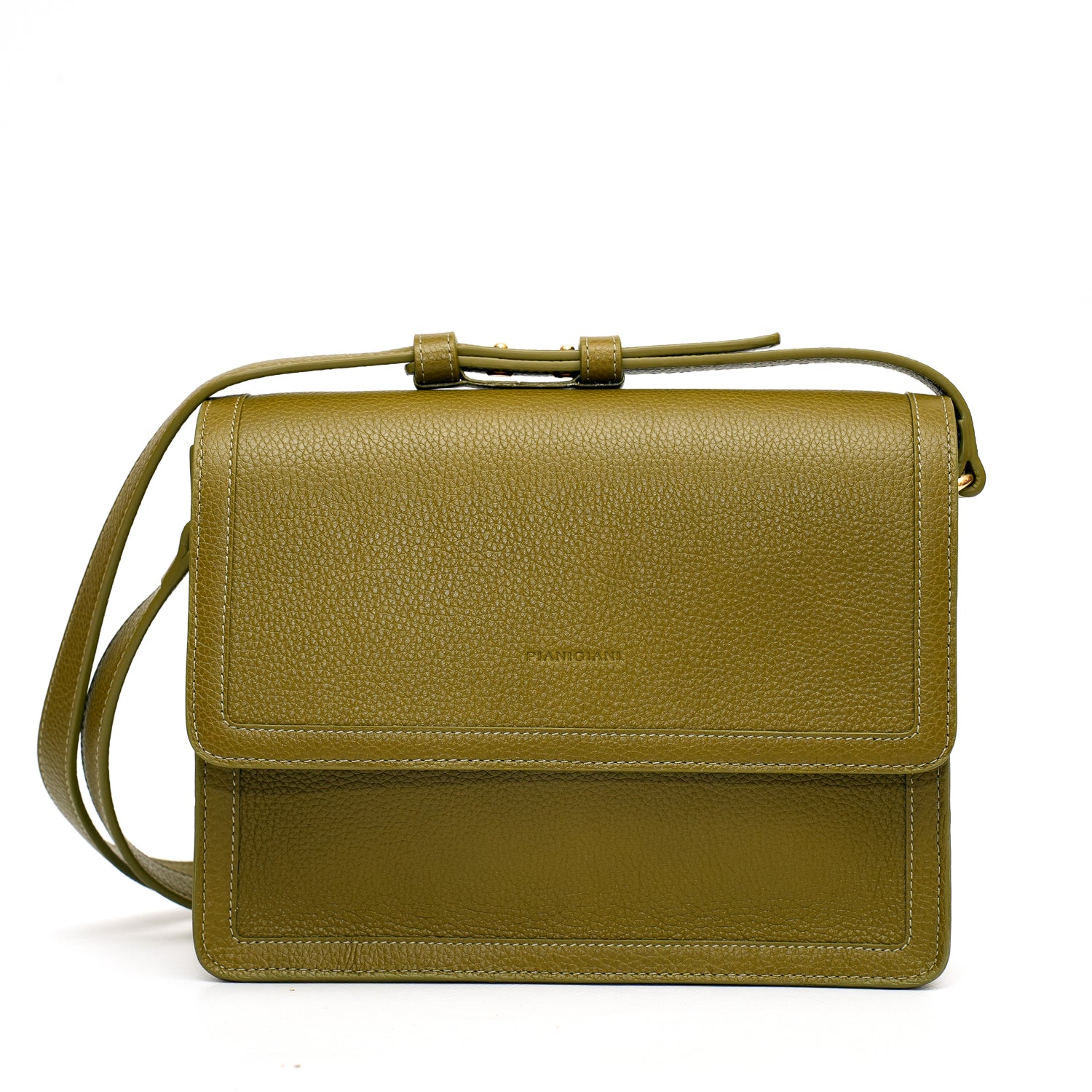 Cara bag grande, borsa da donna a tracolla in pelle martellata verde oliva, prodotta da Pianigiani Bags.