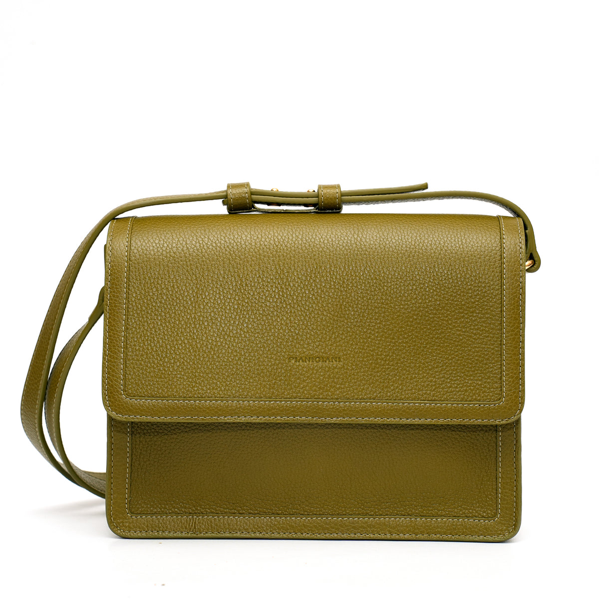 Cara bag grande, borsa da donna a tracolla in pelle martellata verde oliva, prodotta da Pianigiani Bags.