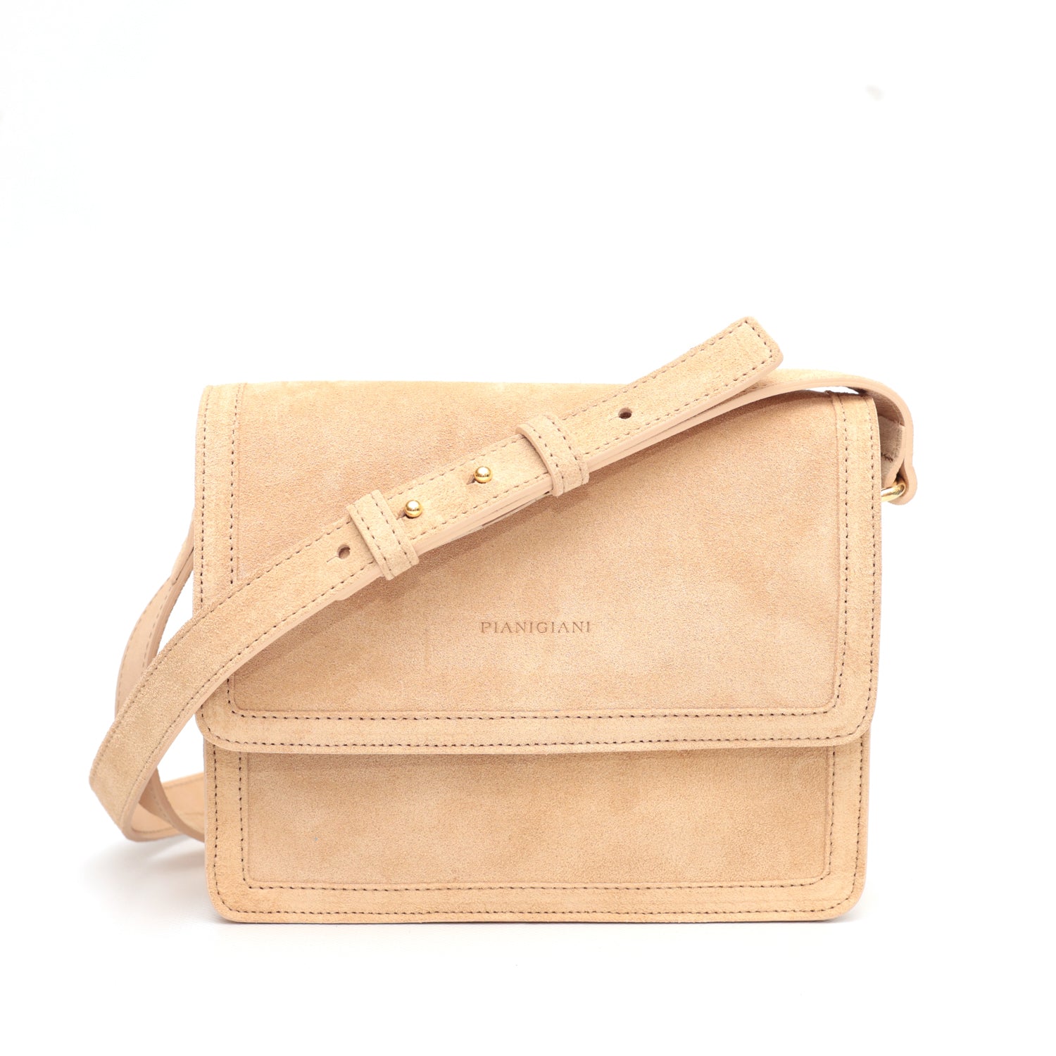 Cara bag piccola, borsa da donna a tracolla in pelle scamosciata beige, prodotta da Pianigiani Bags.