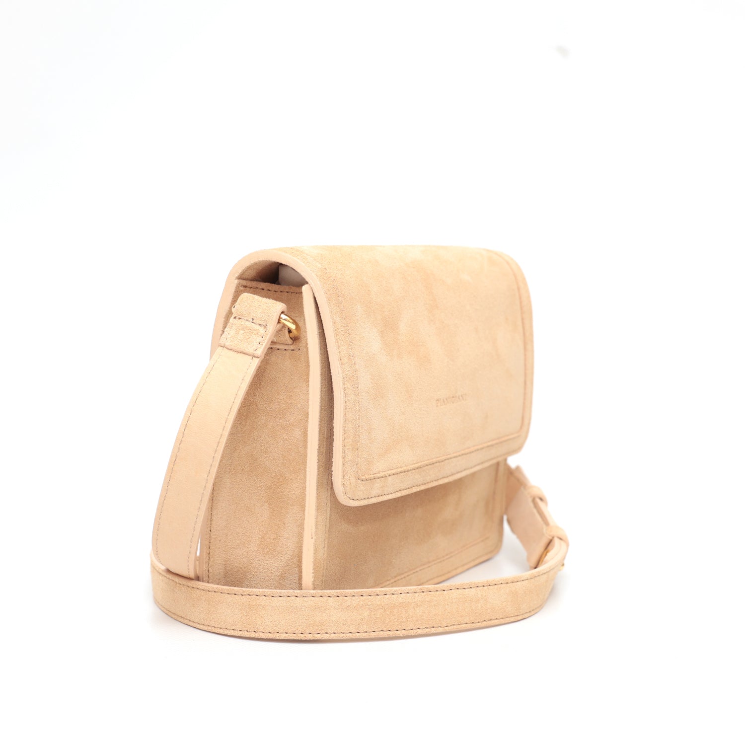 Cara bag piccola, borsa da donna a tracolla in pelle scamosciata beige, prodotta da Pianigiani Bags.