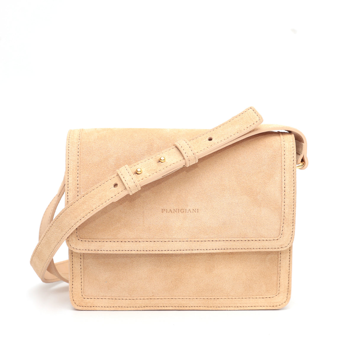 Cara bag piccola, borsa da donna a tracolla in pelle scamosciata beige, prodotta da Pianigiani Bags.