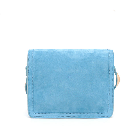 Cara bag piccola, borsa da donna a tracolla in pelle scamosciata denim, prodotta da Pianigiani Bags.