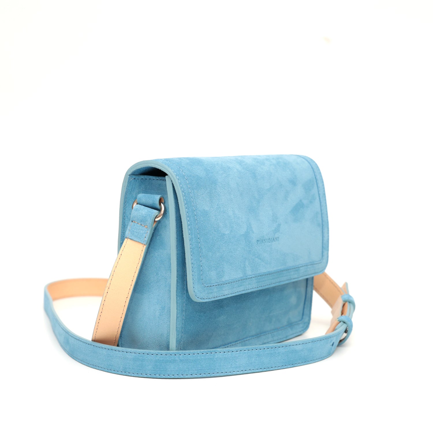 Cara bag piccola, borsa da donna a tracolla in pelle scamosciata denim, prodotta da Pianigiani Bags.