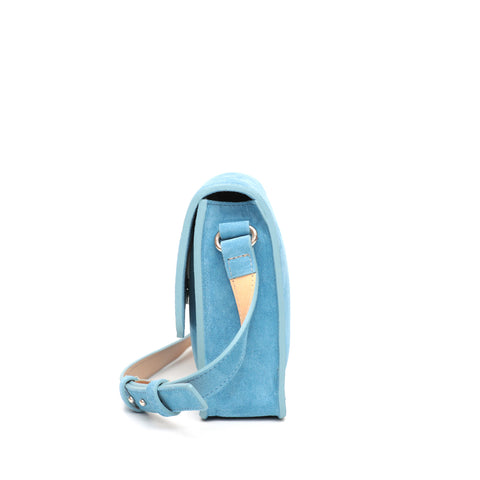 Cara bag piccola, borsa da donna a tracolla in pelle scamosciata denim, prodotta da Pianigiani Bags.