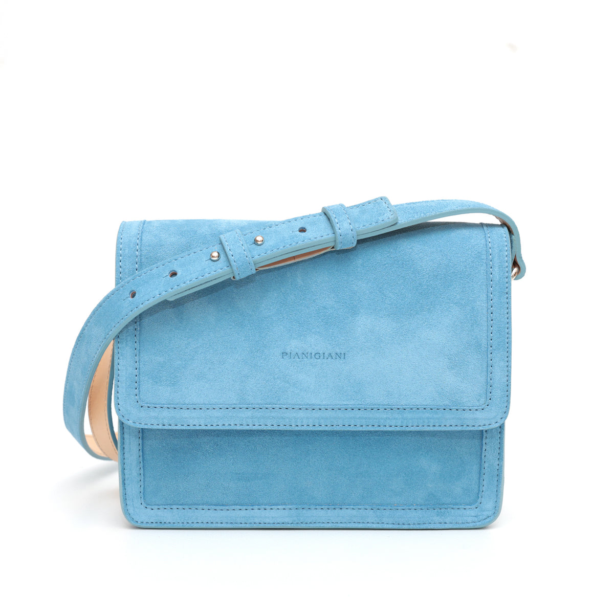 Cara bag piccola, borsa da donna a tracolla in pelle scamosciata denim, prodotta da Pianigiani Bags.