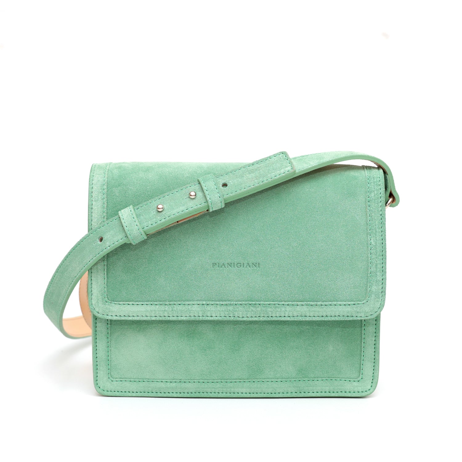 Cara bag piccola, borsa da donna a tracolla in pelle scamosciata verde, prodotta da Pianigiani Bags.