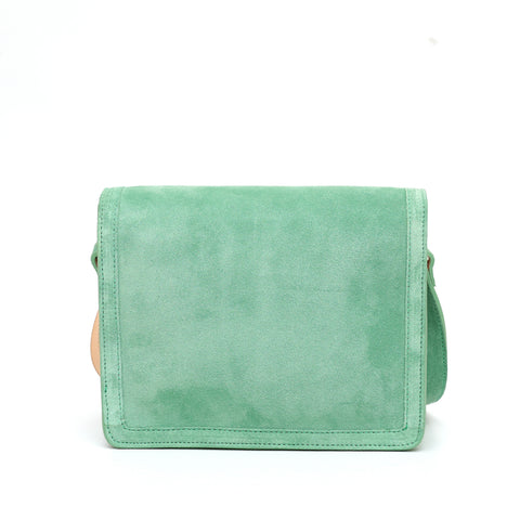 Cara bag piccola, borsa da donna a tracolla in pelle scamosciata verde, prodotta da Pianigiani Bags.