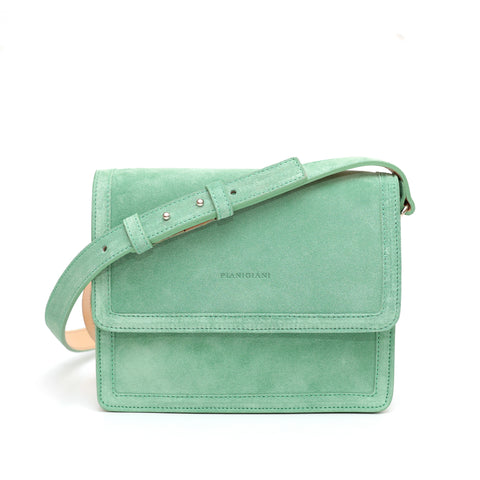 Cara bag piccola, borsa da donna a tracolla in pelle scamosciata verde, prodotta da Pianigiani Bags.