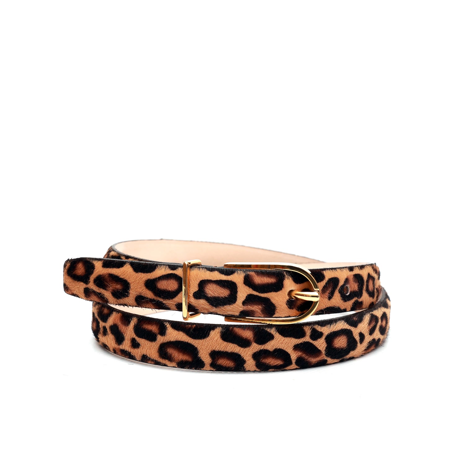 Cintura da donna in pelle maculata "cavalllino" marrone con fibbia e passante metal color oro, prodotta da Pianigiani Bags.