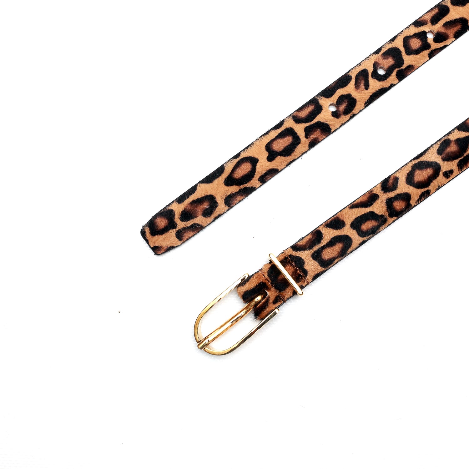 Cintura da donna in pelle maculata "cavalllino" marrone con fibbia e passante metal color oro, prodotta da Pianigiani Bags.