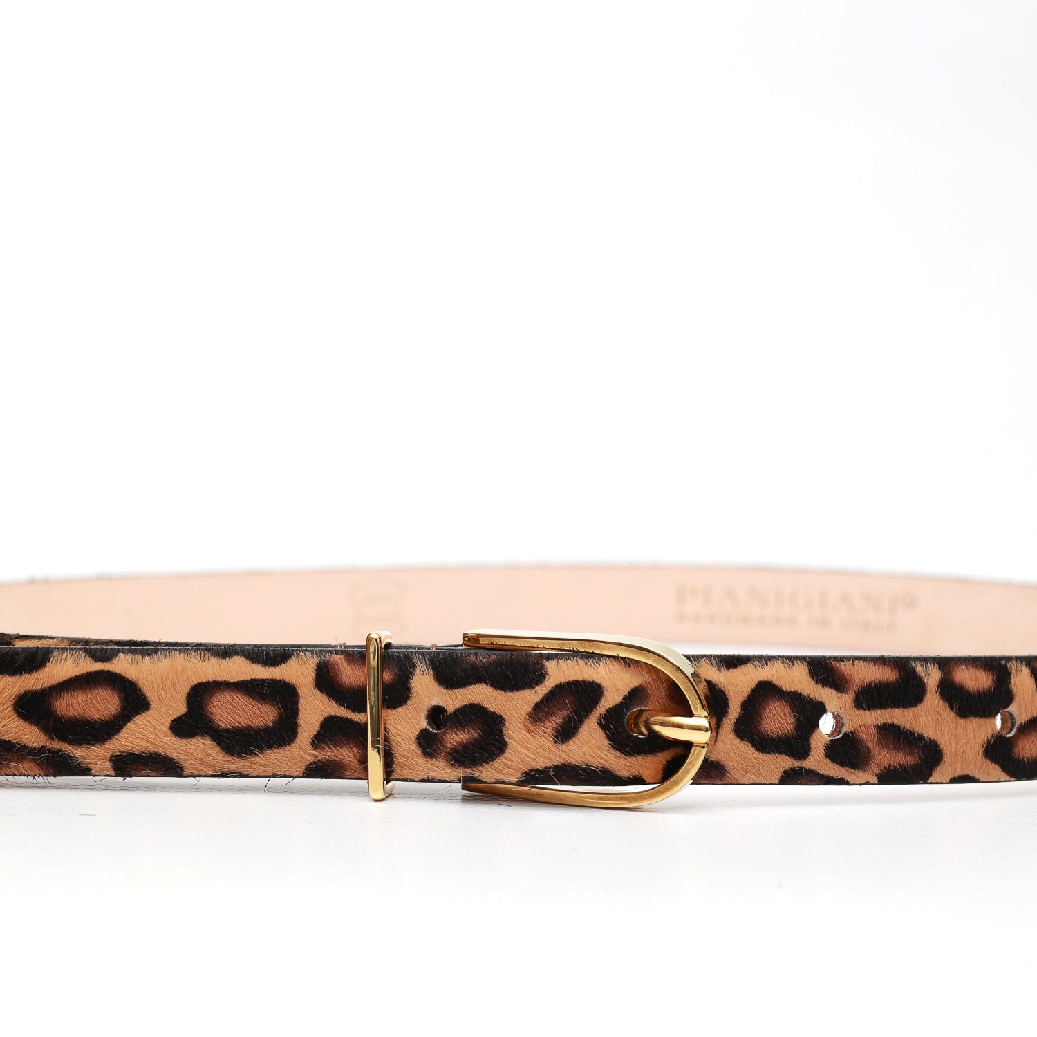 Cintura da donna in pelle maculata "cavalllino" marrone con fibbia e passante metal color oro, prodotta da Pianigiani Bags.