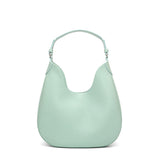 Cloe, borsa da spalla in morbida pelle martellata celeste, design a sacca con accessori metallici color argento, firmata Pianigiani Bags.