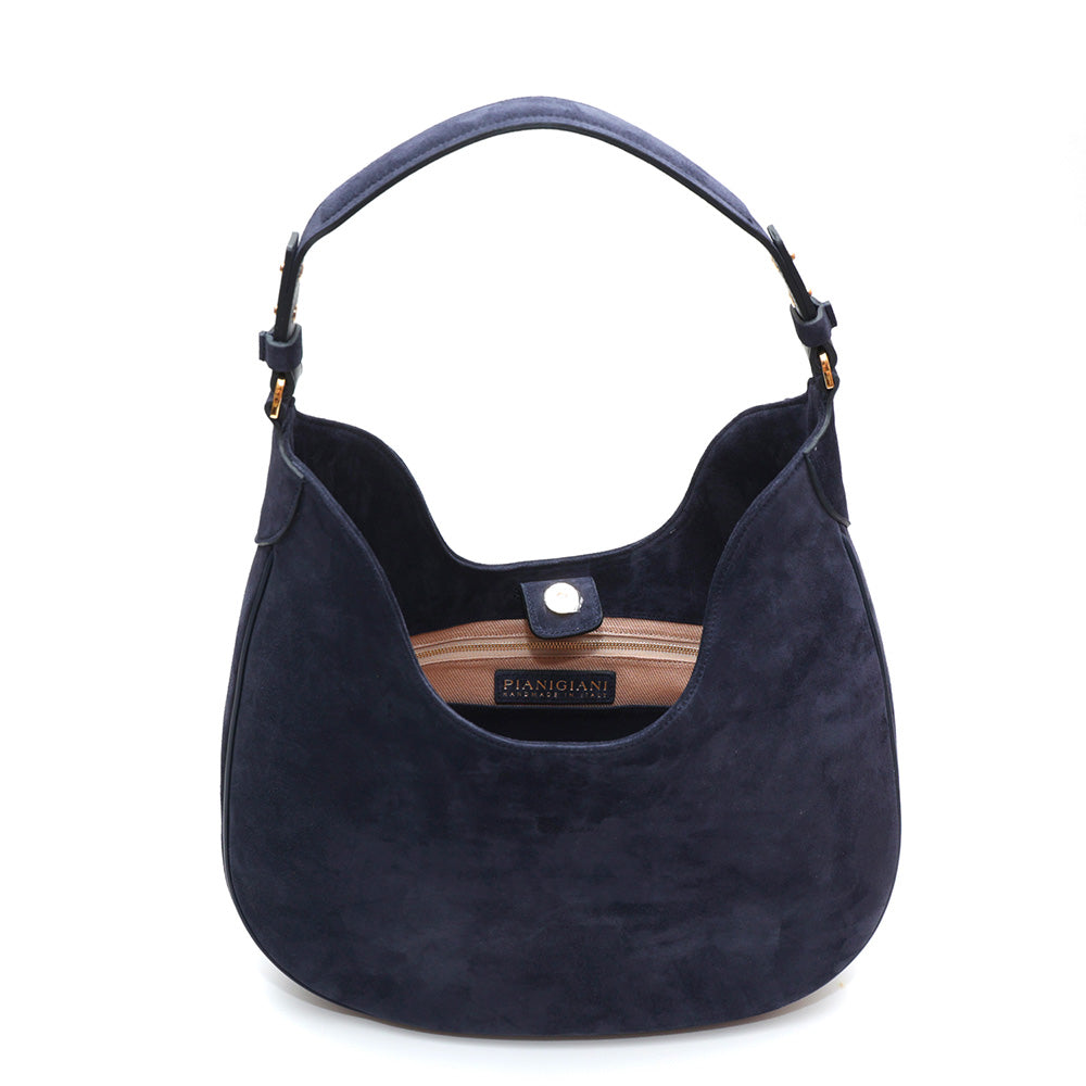 Cloe, borsa in pelle scamosciata blu, prodotta da Pianigiani.