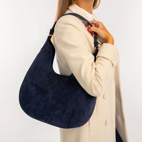 Cloe, borsa in pelle scamosciata blu, prodotta da Pianigiani.