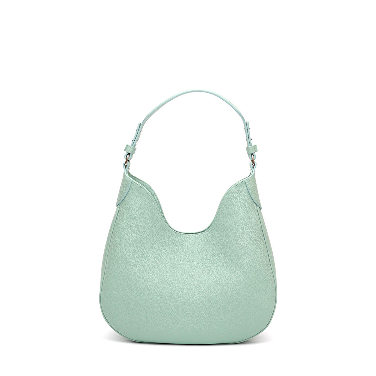 Cloe piccola, borsa da spalla in morbida pelle martellata celeste, design a sacca con accessori metallici color argento, firmata Pianigiani Bags