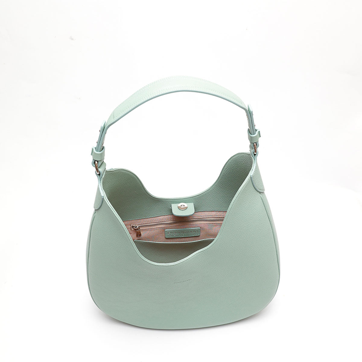 Cloe piccola, borsa da spalla in morbida pelle martellata celeste, design a sacca con accessori metallici color argento, firmata Pianigiani Bags