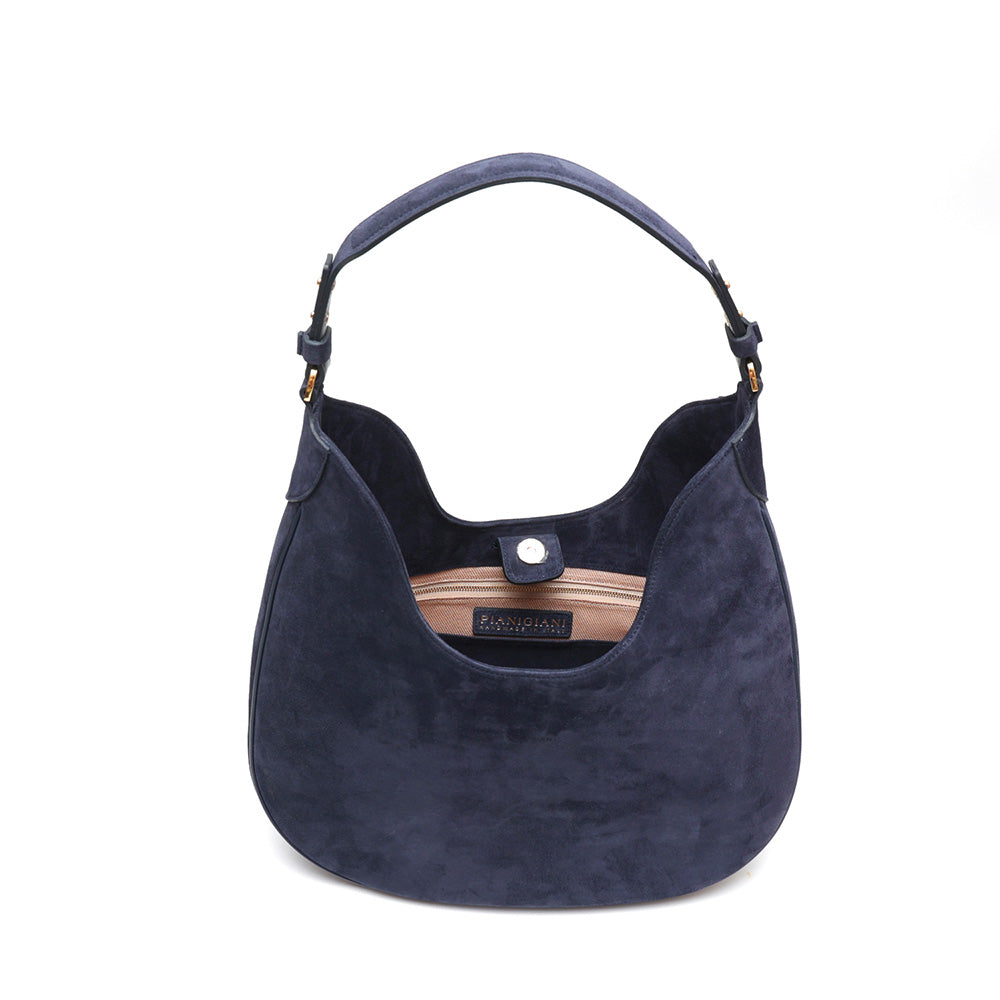 Cloe piccola, borsa in pelle scamosciata blu, prodotta da Pianigiani.