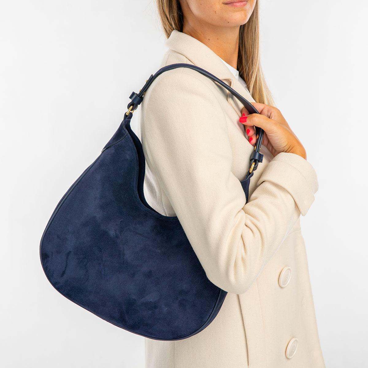 Cloe piccola, borsa in pelle scamosciata blu, prodotta da Pianigiani.